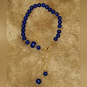 8 - 9.5 inches, Lapis Lazuli Beaded Anklet/ Bracelet, 56.50 carats,Gold tone,NWT